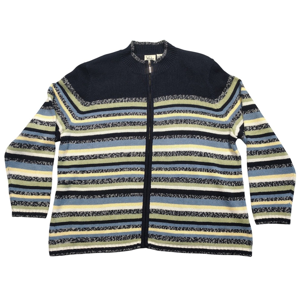 C.J. Banks Cardigan Sweater Womens 1X Full Zip Striped Blue Green Knit 0967
